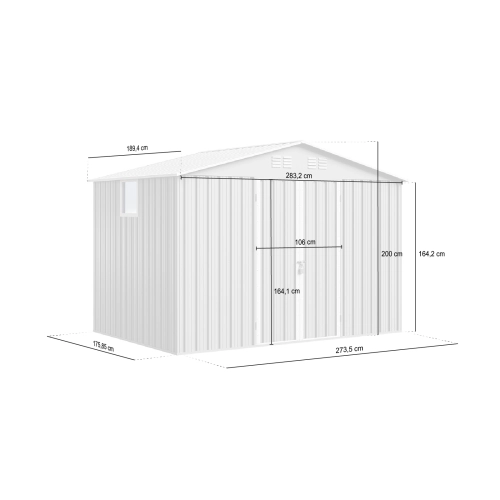 Domek narzędziowy metalowy NORDVIC 283x189 cm - Ocynkowany, Dwuspadowy Dach, Wentylacja, Light Grey